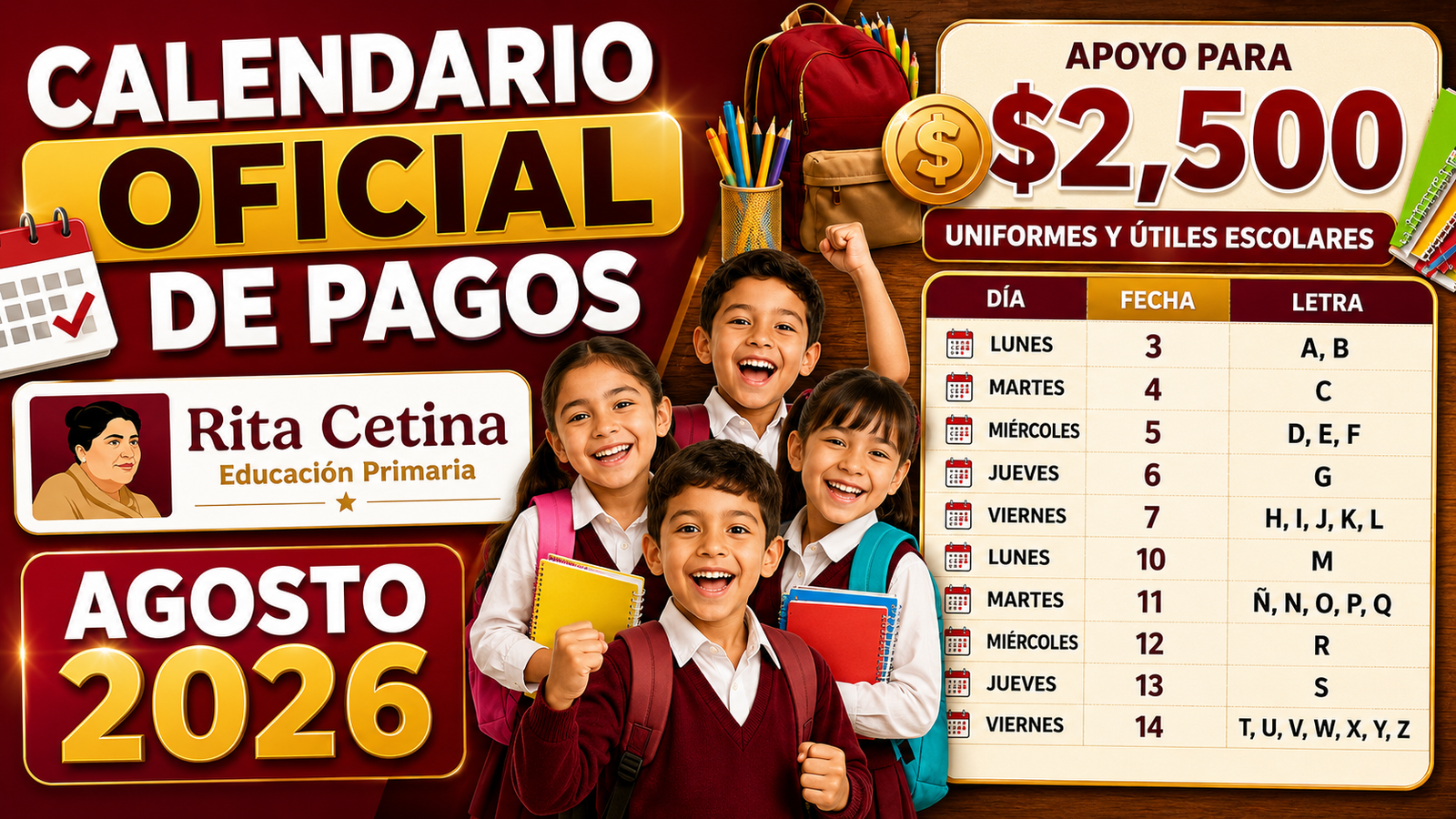 CALENDARIO DE PAGOS RITA CETINA PRIMARIA 2026